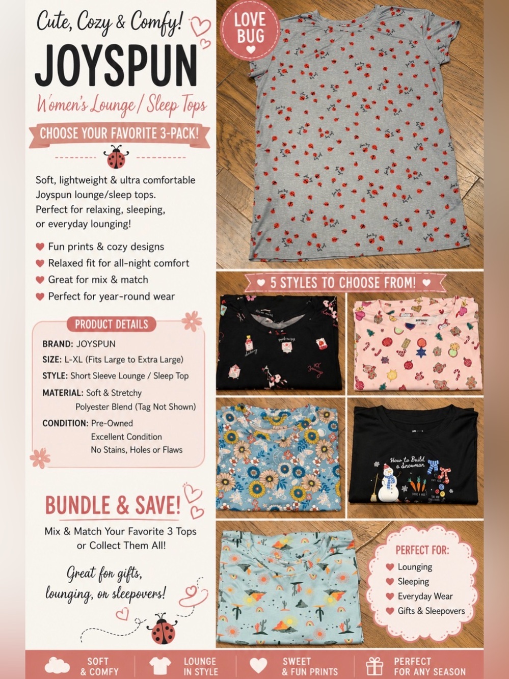 Joyspun L-XL Lounge & Sleep Tops | Pick Any 3 | Soft Comfy Bundle. TC